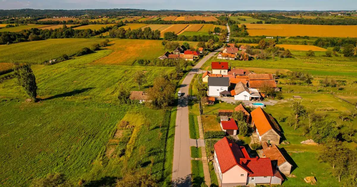 Aerial view of a small rural village with red-roofed houses along a road amid farm fields