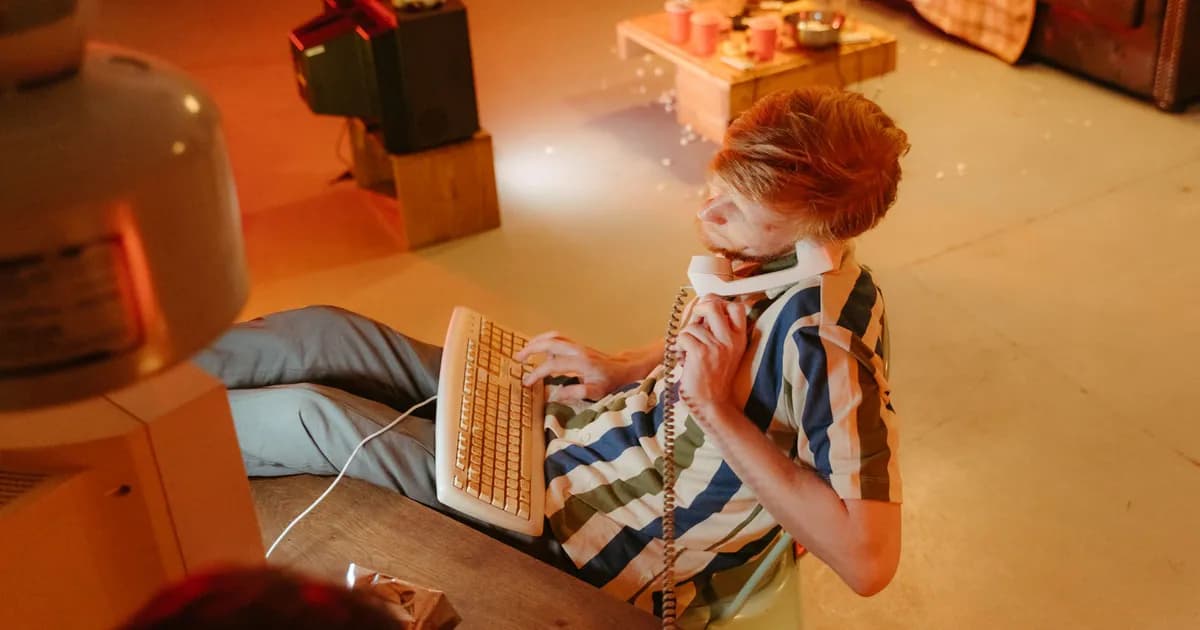 A man immersed in 80s tech, using a computer and phone in a retro-styled room