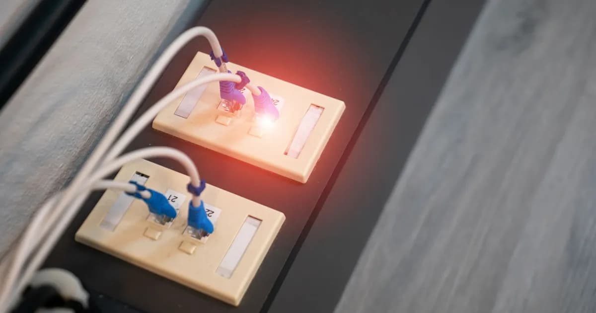 Two white wall plates with ethernet cables plugged in, the top one glowing red