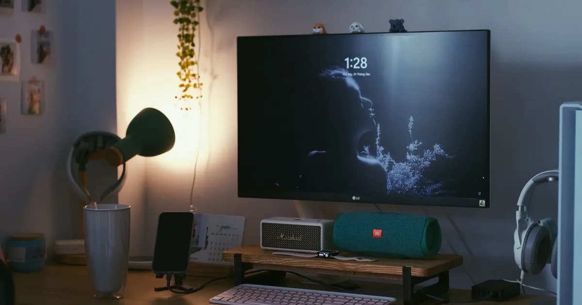 Room corner with a wall-mounted TV, speakers, a plant and a lamp on a shelf