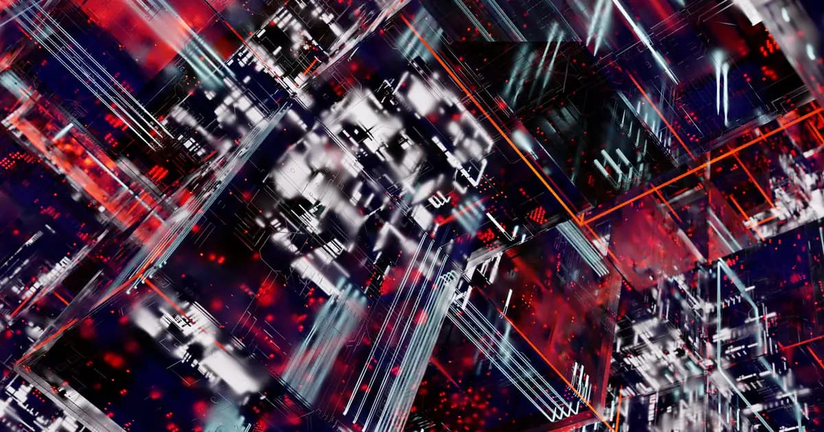 Abstract visualization of digital circuits and blockchain in vibrant colors