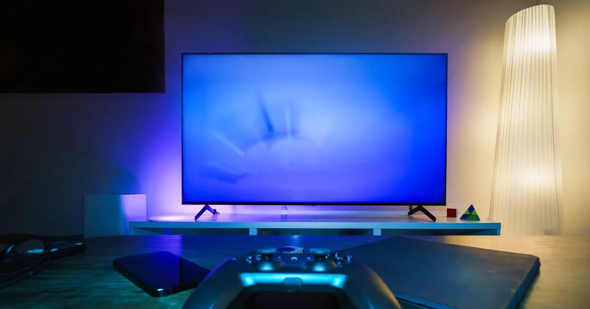 A stylish and ambient gaming setup featuring a controller, smart devices, and a TV in a lit living room
