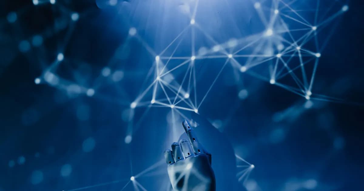 A robotic hand reaching into a digital network on a blue background