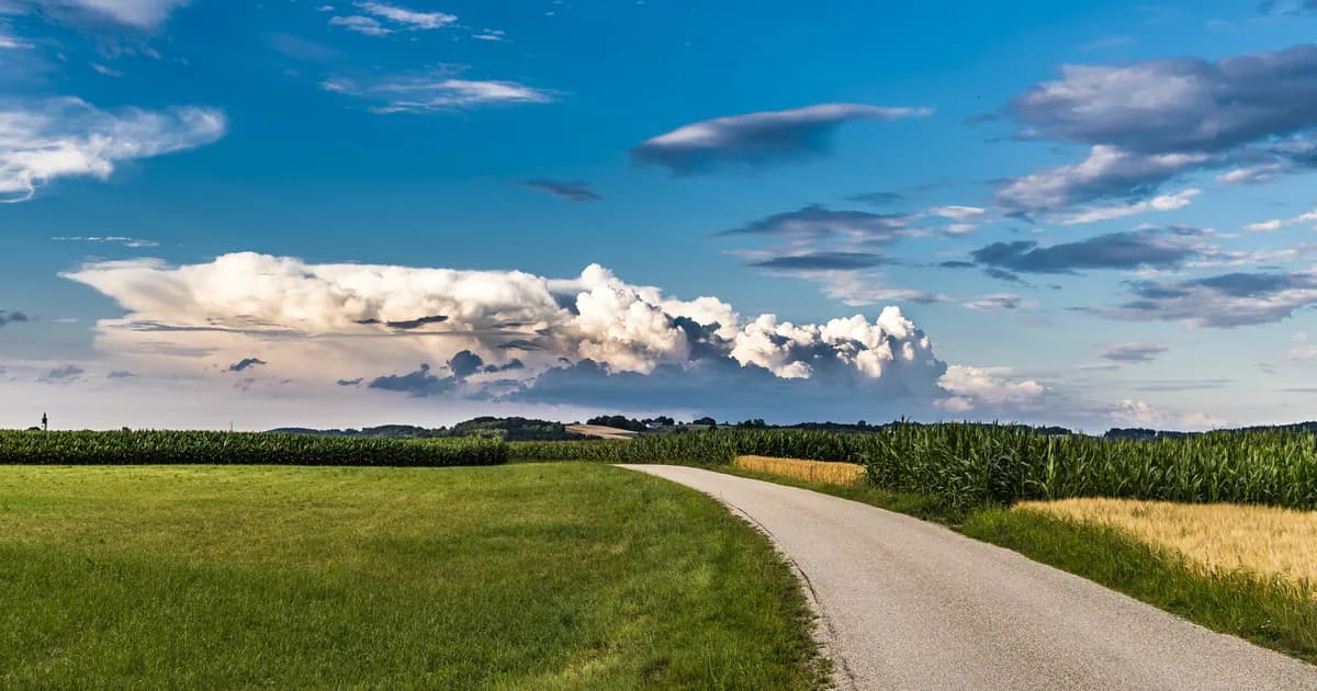 Scenic countryside view with road, cornfields, and clouds under a blue summer sky