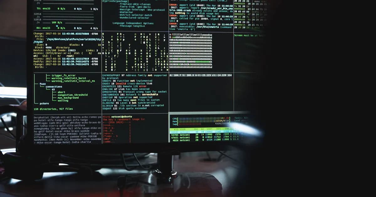 Close-up of a computer monitor displaying cyber security data and code, indicative of system hacking or programming